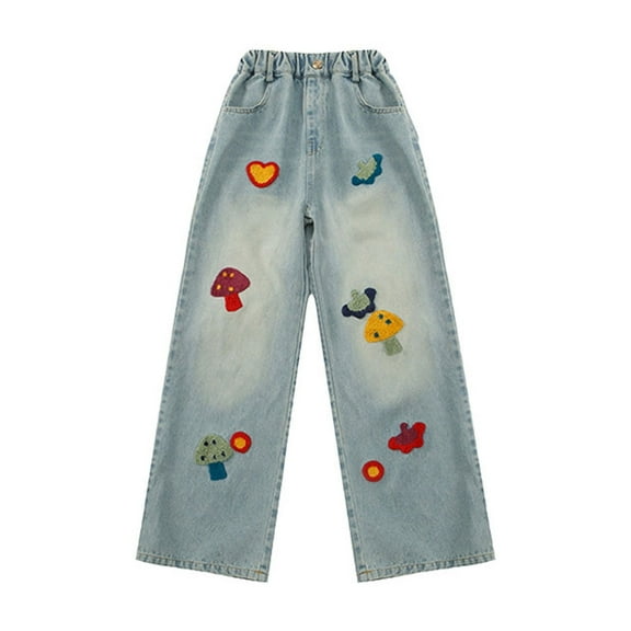 Kiijoy Little Girls Mushroom Embroidery Pull On Jeans Baggy Straight Leg Denim Pants, Sizes 5-6