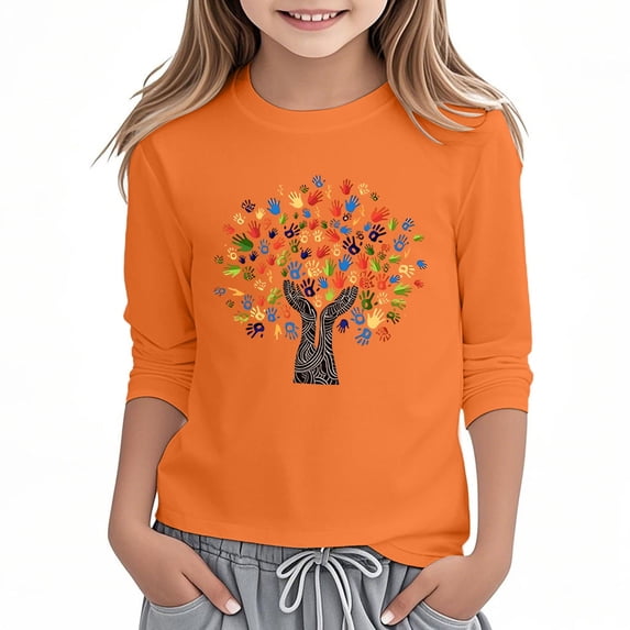 Kiijoy Little Girls Orange Graphic Tee Cotton 3/4 Sleeve Crew Neck T Shirt, Sizes 5-6