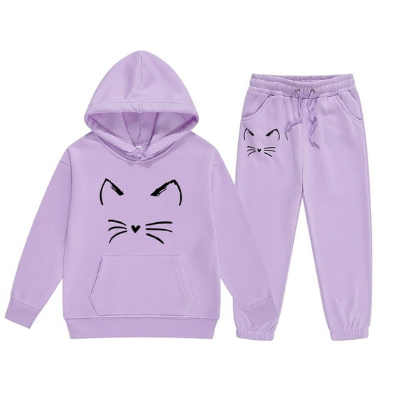 Kiijoy Little Girls Outfits Cartoon Cat Print Hoodie Sweatpants Sweatsuit, Sizes 6-7