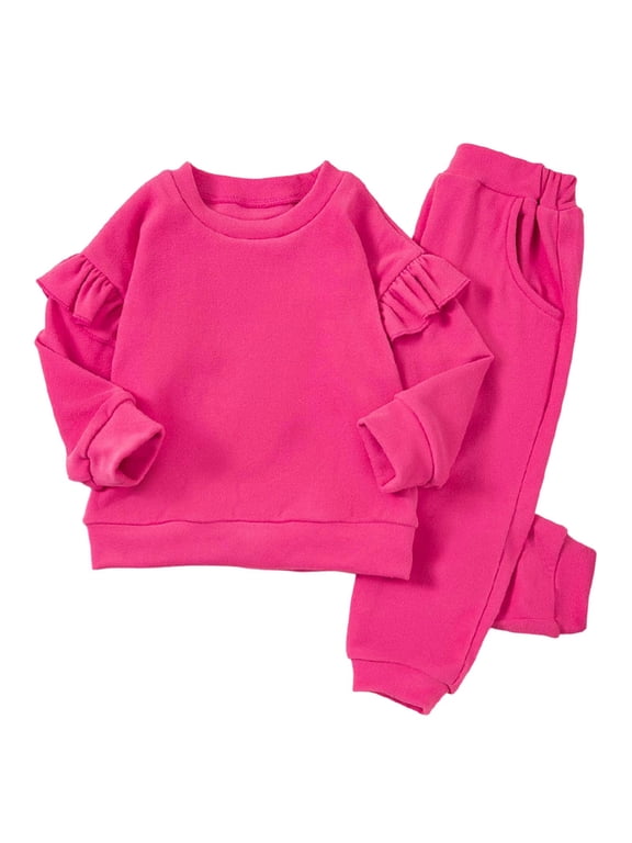 Little Girls Outfits Cotton Solid Ruffle Sweatshirt Sweatpants Set, Sizes 5-6