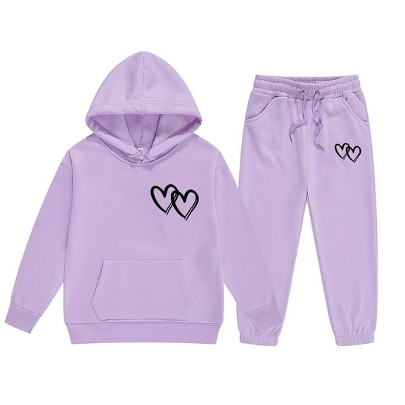 Kiijoy Little Girls Outfits Heart Print Hoodie and Joggers Active Sweatsuit, Sizes 6-7