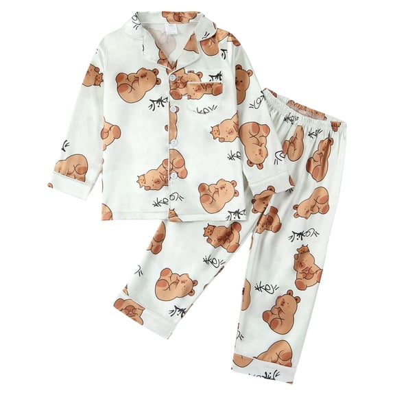 Kiijoy Little Girls Pajamas Cartoon Capybara Print Long Sleeve Button Top Pants Sleepwear, Sizes 5-6