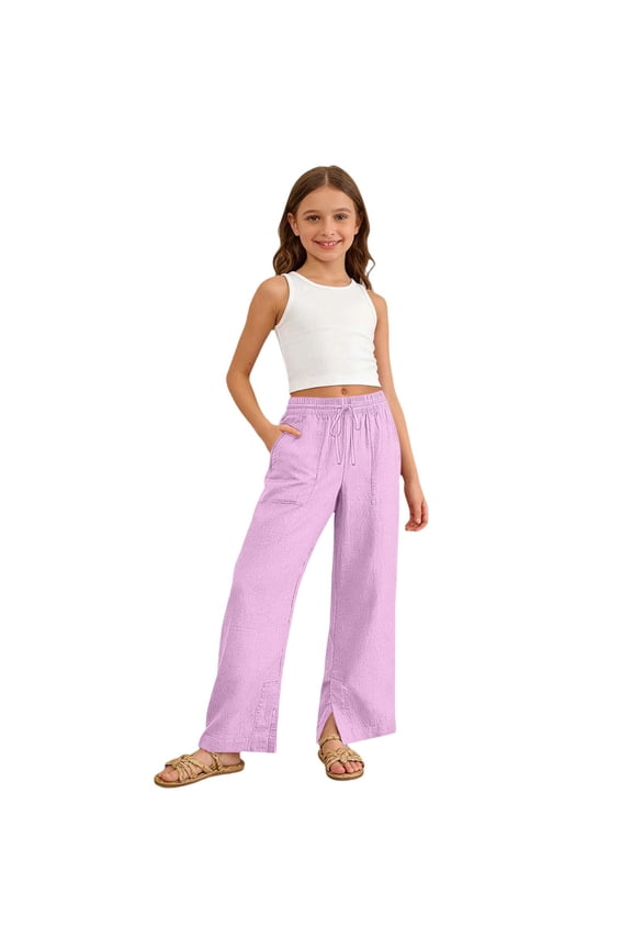 Little Girls Pants Lightweight High Rise Straight Leg Side Slit Pants, Sizes 5-6