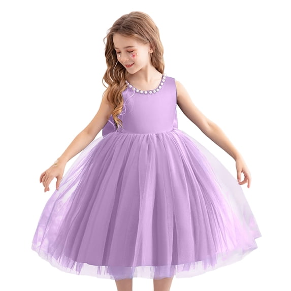 Kiijoy Little Girls Pearl Bow Sleeveless Tulle Dress Party Birthday Princess Dress, Purple