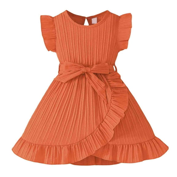 Kiijoy Little Girls Pleated Ruffled Dress Solid Color Casual Dress with Flutter Sleeves