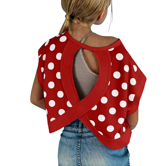Kiijoy Little Girls Polka Dot Cutout Batwing Sleeve Crop Top Workout Tee Active T-Shirt, Sizes 7-8