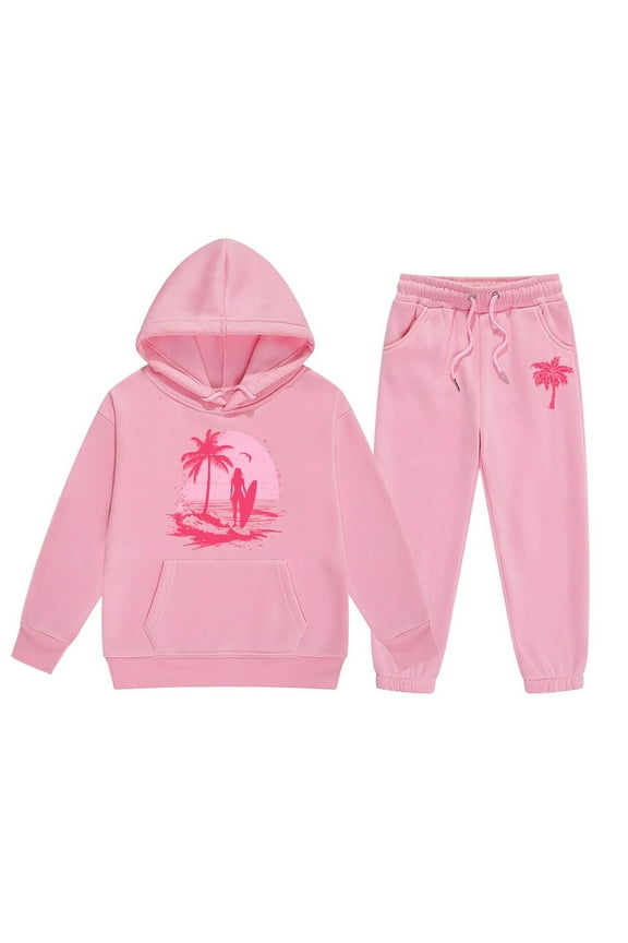 Little Girls Preppy Outfits Palm Print Hoodie Sweatpants Sweatsuit, Sizes 5-6
