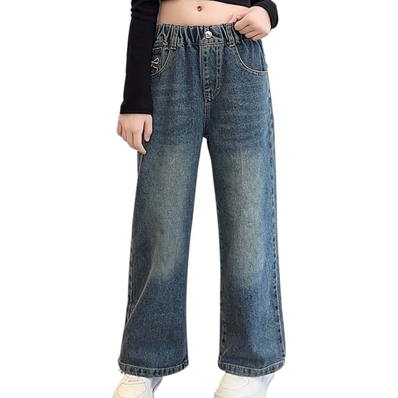 Kiijoy Little Girls Pull On Jeans Casual Loose Fit Straight Leg Denim Pants, Sizes 5-17