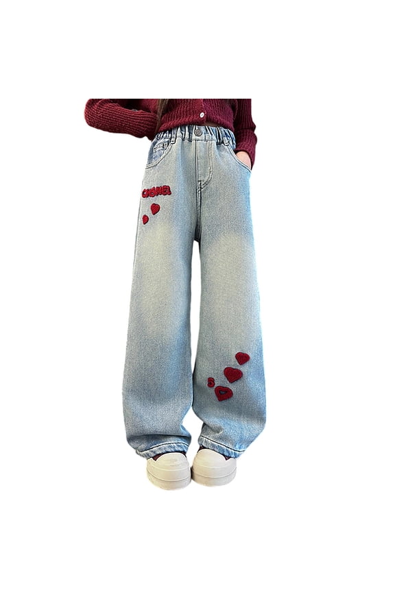 Little Girls Pull On Loose Fit Jeans Hearts Embroidery Denim Pants, Sizes 5-6