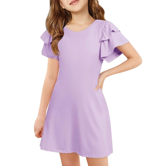 Kiijoy Little Girls Ruffle Short Sleeve Dress Summer Casual Solid Short Dress, Sizes 4-12