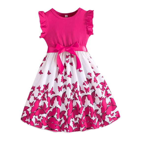 Kiijoy Little Girls Ruffle Sleeveless Dress Butterfly Print A Line Dress, Sizes 6-7