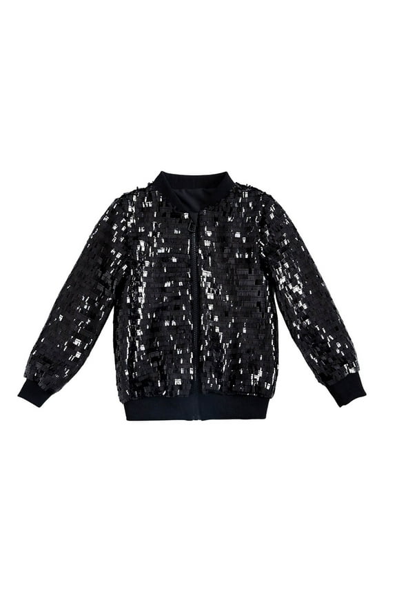 Little Girls Sequin Jacket Shiny Fashion Zip Up Bomber Jacket Sweatshirt, Sizes 6-8