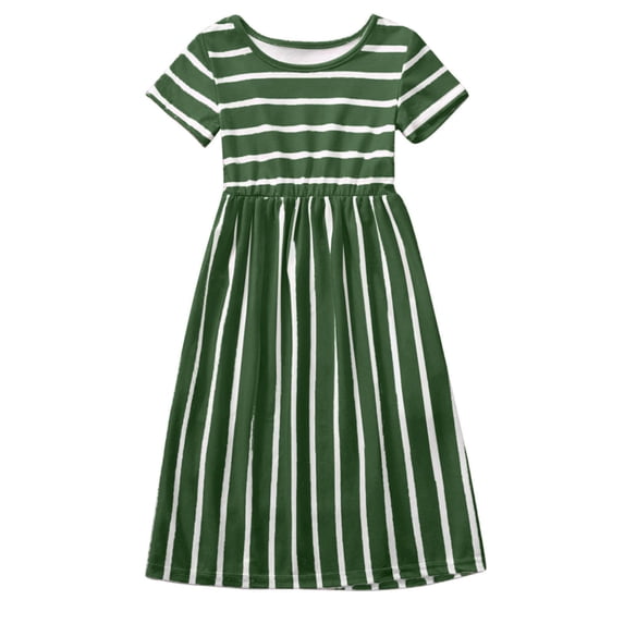 Kiijoy Little Girls Short Sleeve Stripe Maxi Dress Casual Crew Neck Knit Dress for Kids