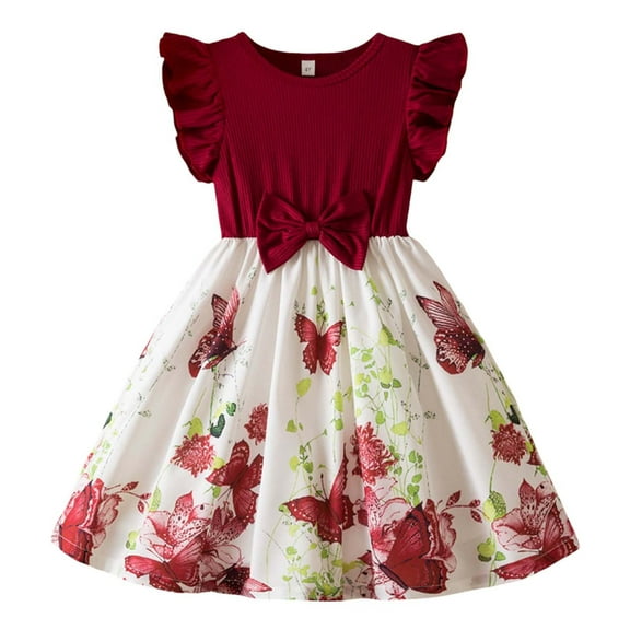 Kiijoy Little Girls Sleeveless Butterfly Print Bow Dress Summer Soft Ribbed Casual Dress