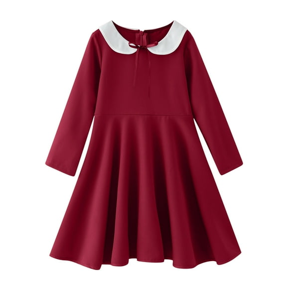 Kiijoy Little Girls Solid Long Sleeve Midi Dress Preppy Style Knee-Length Polo Dress