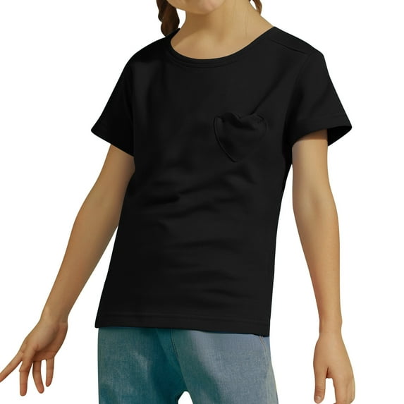 Kiijoy Little Girls Solid Short Sleeve Heart Pocket T Shirt Kids Active Tee Shirt