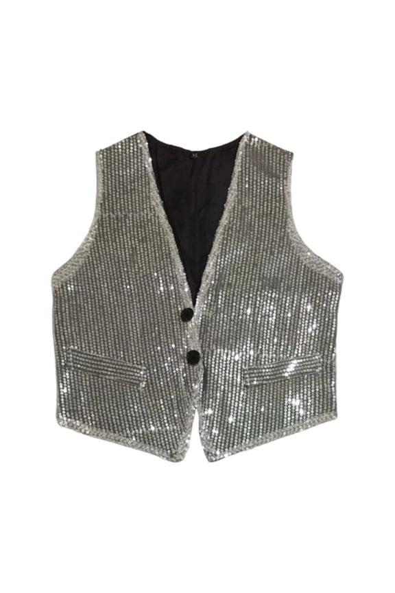 Little Girls Sparkly Sequins Vest Shiny Sleeveless V Neck Waistcoat, Sizes 5-6