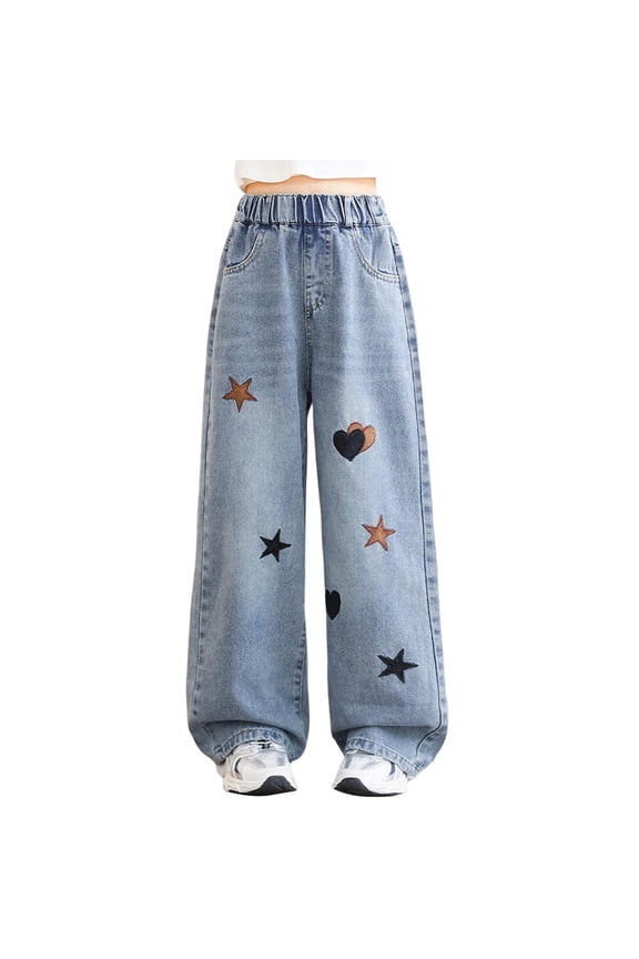 Little Girls Star Embroidery Straight Leg Jeans High Rise Pull On Demin Pants, Sizes 5-6