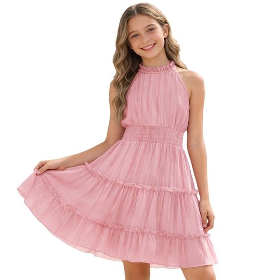 Kiijoy Little Girls Summer Sleeveless Tiered Flowy Dress Halter Ruffle A Line Party Dress