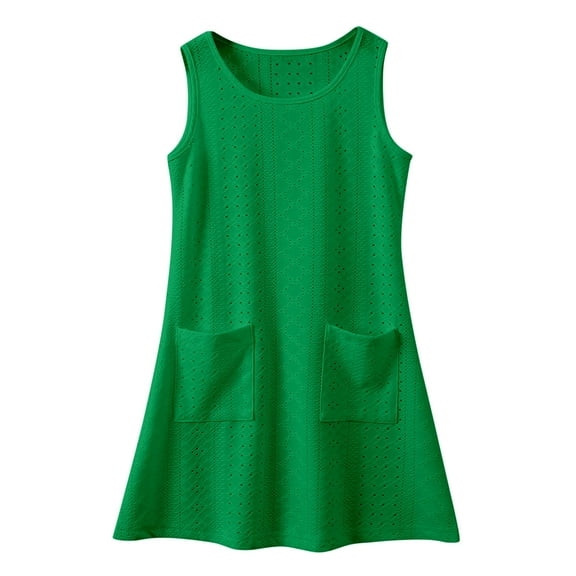 Kiijoy Little Girls Sundress Sleeveless Eyelet Tank Dress Solid Pocket Casual A-Line Dress