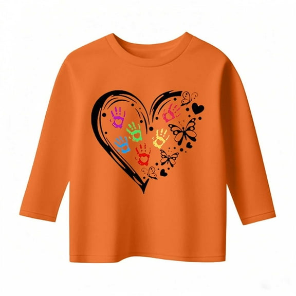 Kiijoy Little Girls T-Shirt Orange Heart Print Long Sleeved T Shirt for Kids, Sizes 5-6