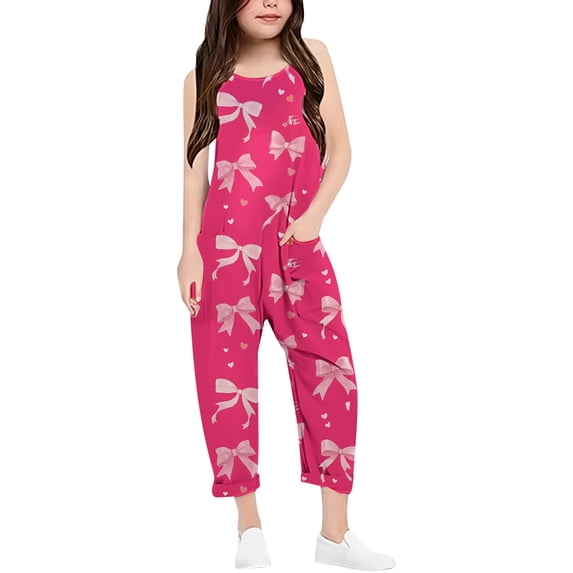 Kiijoy Little Girls' V Neck Suspender Romper Bow Pattern Casual Overalls, Sizes 5-6