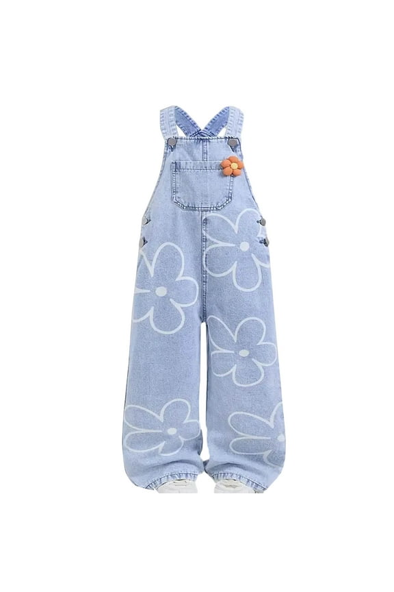 Little Girls Wide Leg Denim Overalls Flower Print Dungarees Strap Jumpsuit, Sizes 6-7