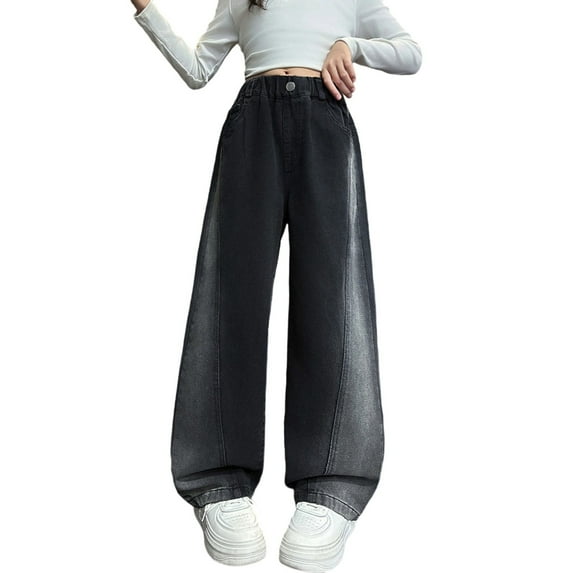 Kiijoy Little Girls Wide Leg Jeans Elastic Waist Straight Demin Pants Trousers, Sizes 5-6