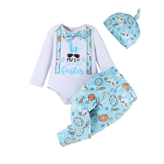Kiijoy Newborn Boys Easter Long Sleeve Cartoon Bunny Bodysuit Pants Hat Outfits, Sizes 6-9M