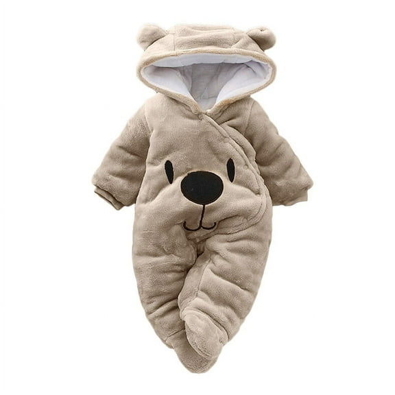 Kiijoy Newborn Boys Jumpsuit Baby Fleece Hooded Solid Romper Cartoon Bear Soft Onesie