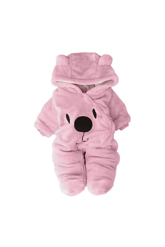 Newborn Boys Jumpsuit Baby Fleece Hooded Solid Romper Cartoon Bear Soft Onesie