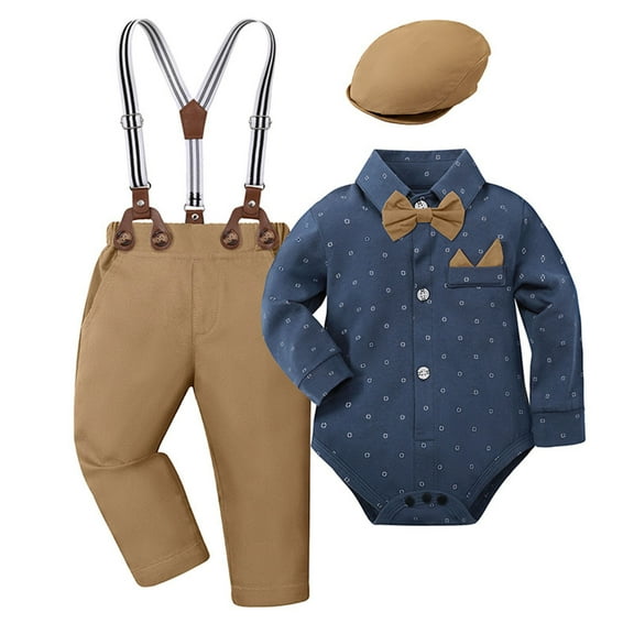 Kiijoy Newborn Boys Outfits Long Sleeve Shirt Adjustable Suspenders Pants Hat Party Suit