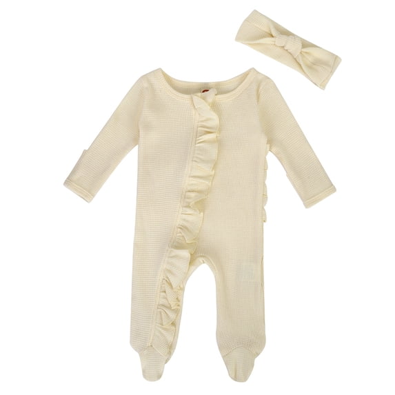 Kiijoy Newborn Girl Knit Ruffle Romper Baby Rib Long Sleeve Footed Jumpsuit with Headband