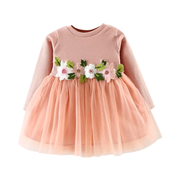 Kiijoy Newborn Girls Flower Embroidery Ribbed Long Sleeve Dress Fall Mesh Princess Dress
