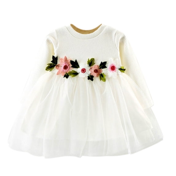 Kiijoy Newborn Girls Flower Embroidery Ribbed Long Sleeve Dress Fall Mesh Princess Dress