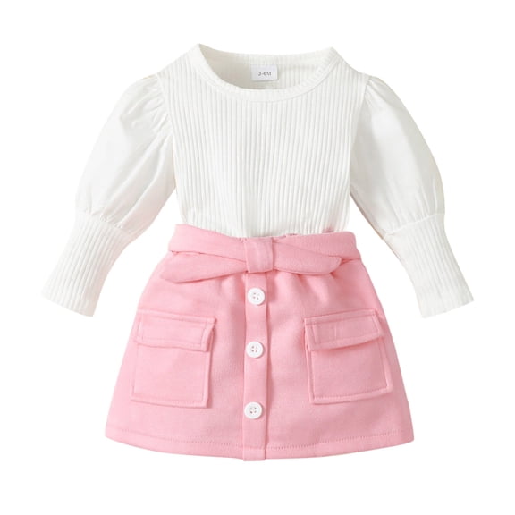 Kiijoy Newborn Girls Outfits Long Puff Sleeve Ribbed Solid Sweater Top Skirt Fall Clothes