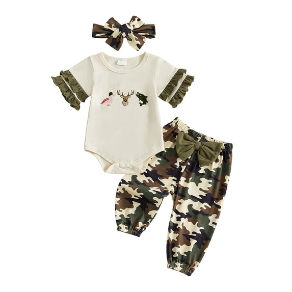 Kiijoy Newborn Girls Ruffle Short Sleeve Romper Camouflage Pants Headband Outfits, Sizes 6-12M