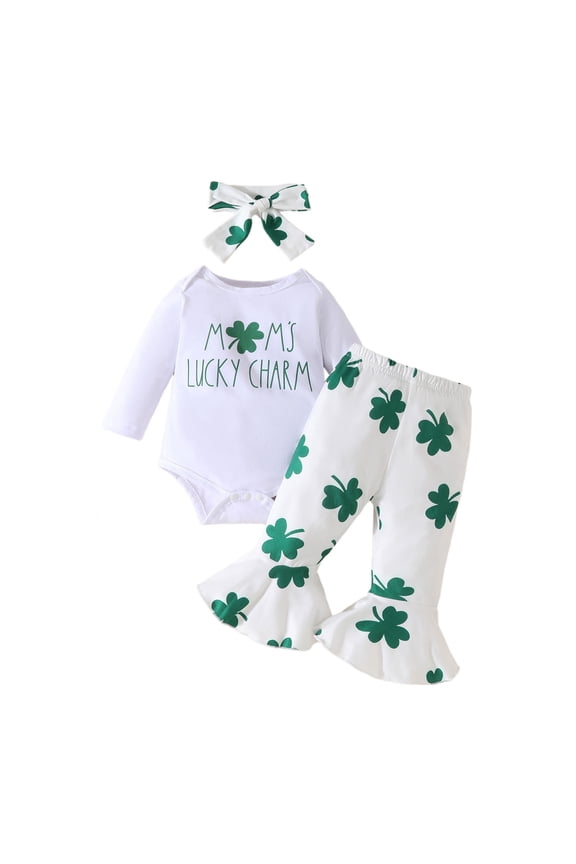 Newborn Girls St. Patrick's Day Long Sleeve Romper Flared Pants Headband Outfits, Sizes 0-3M