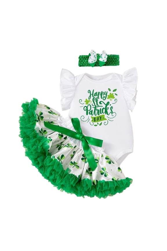 Newborn Girls St Patrick's Day Outfits Short Sleeve Romper Tutu Skirt Headband Set, Sizes 0-3M