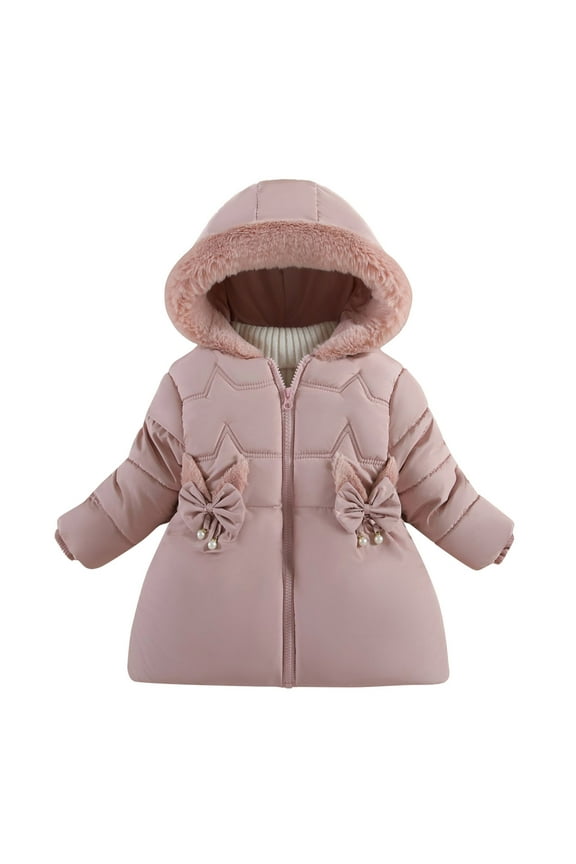 Girls Winter Padded Coat Bow Hooded Down Jacket Warm Outerwear, Sizes 6-12M