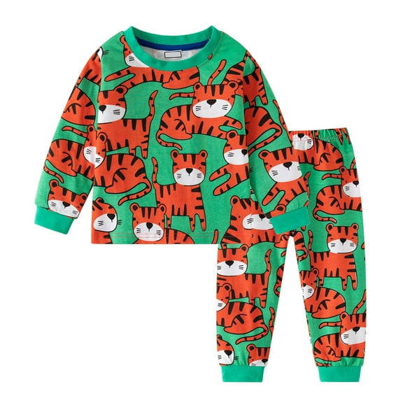 Kiijoy Pajamas for Boys Cartoon Tiger Print Cotton Long Sleeve Top Pants Set, Sizes 6-7
