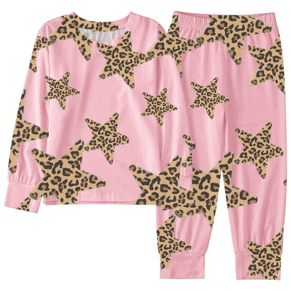 Kiijoy Pajamas for Girls Leopard Star Print Long Sleeve Top Pants Sleepwear, Sizes 7-8