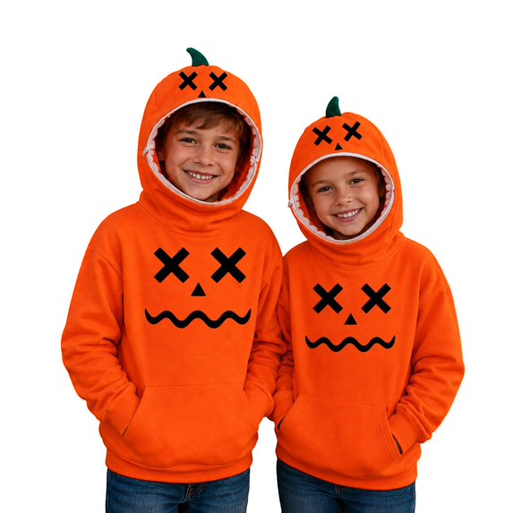 Kiijoy Pumpkin Hoodie for Kids Halloween Unisex Pullover Sweatshirt, Orange, Sizes 10-11Y