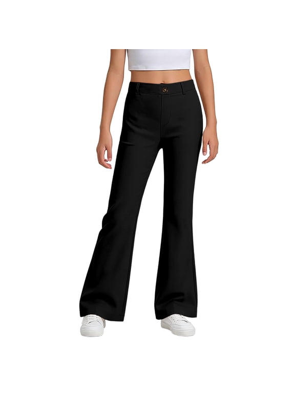 School Uniform Pants for Girls Pull-On Stretch Flared Pants, Black, Sizes 5-16