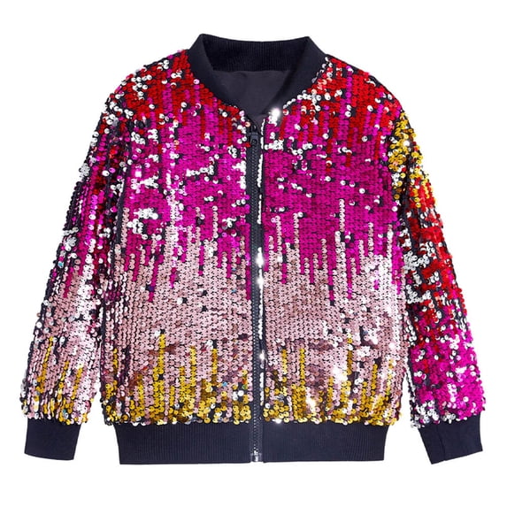 Kiijoy Sequin Jacket Girls Shiny Fashion Long Sleeve Zip Up Coat Outerwear, 8-10 Years