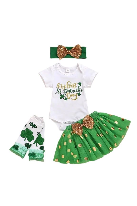 St Patrick's Day Outfits for Newborn Girls Short Sleeve Bodysuit Tutu Skirt Headband Set, Sizes 3-6M