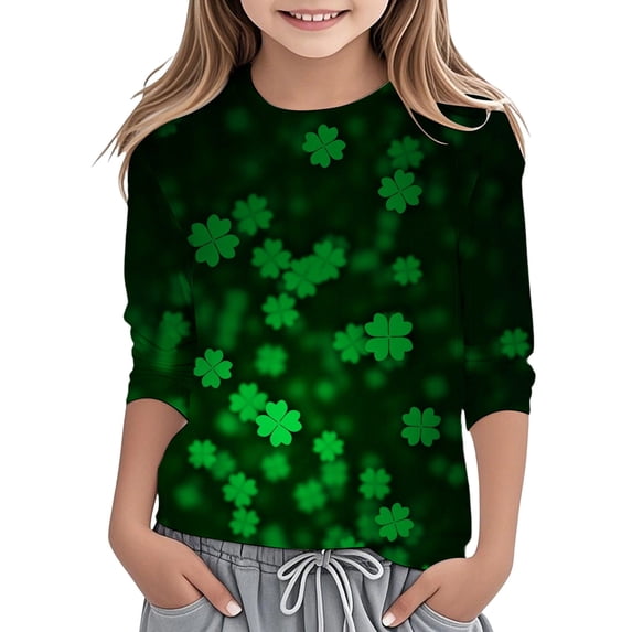 Kiijoy St. Patrick's Day T-Shirt for Girls 3/4 Sleeve Crew Neck T Shirt Tee, Sizes 3-4