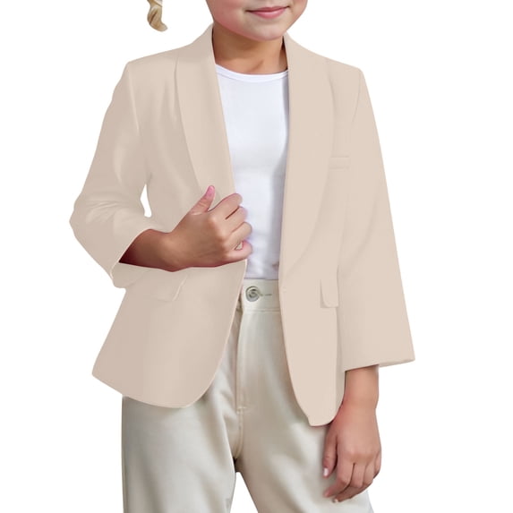 Kiijoy Suit Jacket for Toddler Girl Casual Party Solid Color Lapel Long Sleeve Blazer, Beige, 3-4 Years