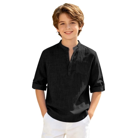 Kiijoy Summer Boys Cotton Linen Shirt Lightweight Long Sleeve Shirt, Black, 10-11 Years