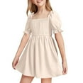 thumbnail image 1 of Kiijoy Summer Girls Solid Short Sleeve Dress Square Neck Smocked A Line Dress, Sizes 2-3, 1 of 4